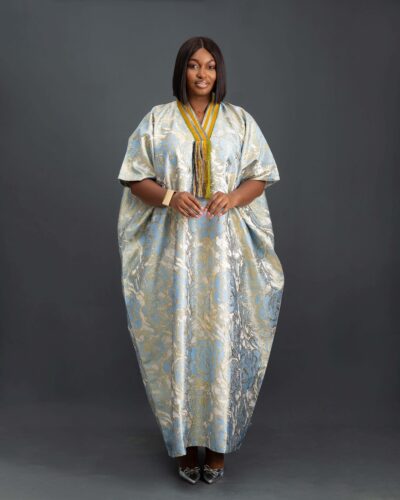Biwakani sky blue long Damask with Aso.oke neck bubu dress
