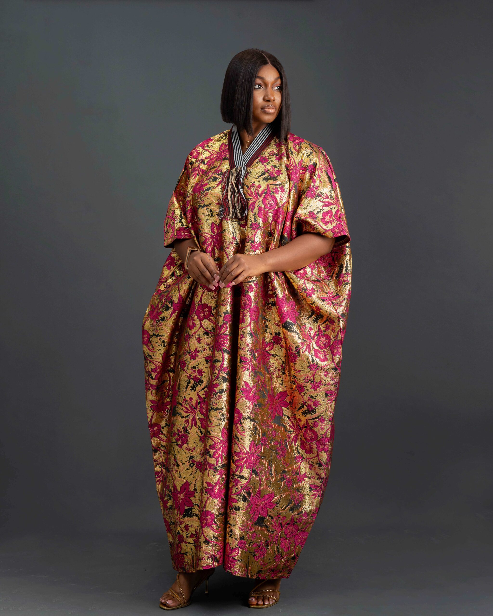 Biwakani wine gold long Damask with Aso.Oke neck bubu dress
