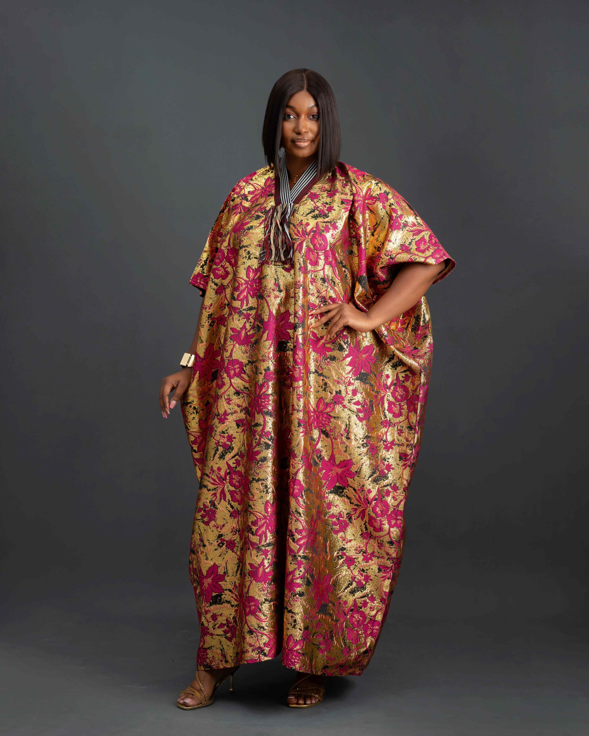 Biwakani wine gold long Damask with Aso.Oke neck bubu dress - Image 2