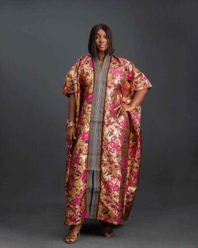 Biwakani wine gold damask with Aso.Oke front slit bubu