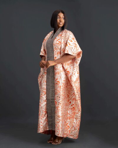 Biwakani orange gold damask with Aso.Oke front slit bubu