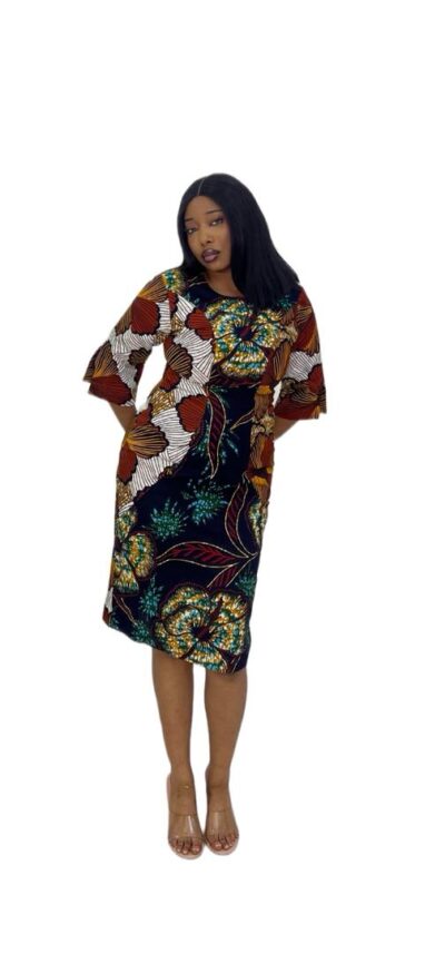 Biwakani multi color midi length ankara short sleeve round neck dress