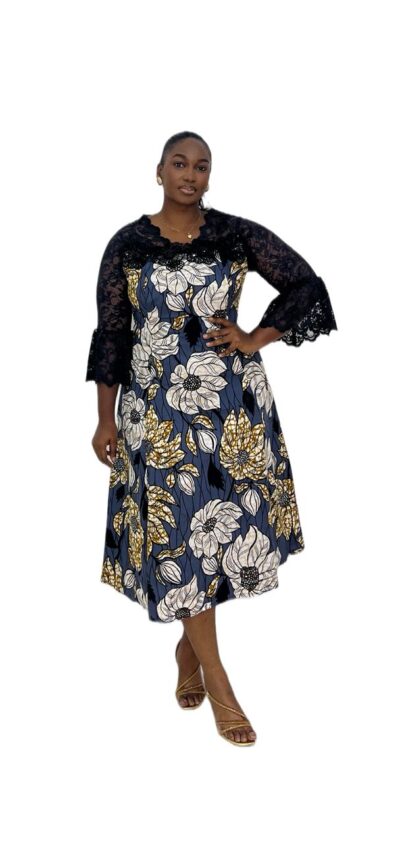 Biwakani midi length floral ankara with lace sleeves and trimix dress