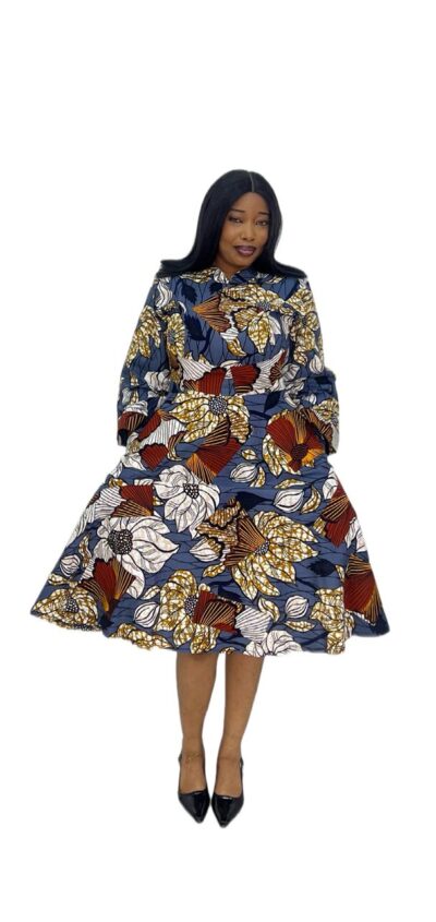 Biwakani multi pattern midi length ankara flare dress