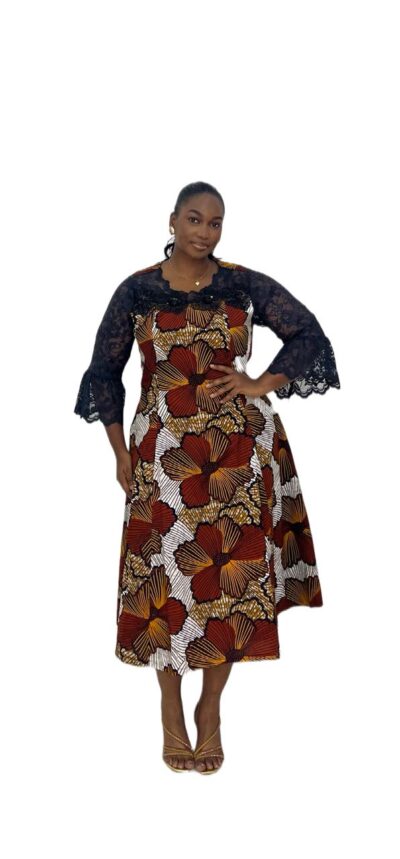 Biwakani brown midi length floral ankara with lace sleeves and trimix
