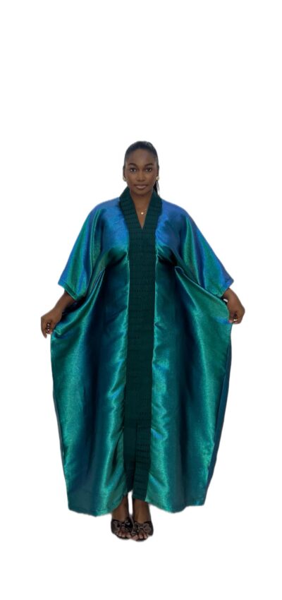 Biwakani green damask with aso oke front slit bubu dress