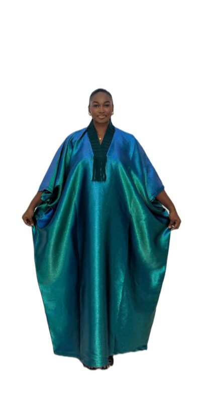 Green long damask with aso oke neck bubu dress