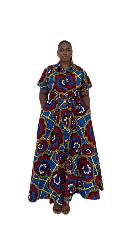 Biwakani ankara royal blue and red shirt collar maxi dress with belt