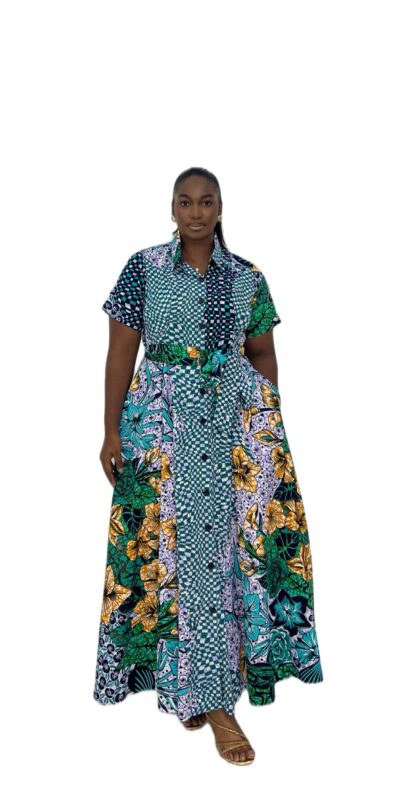 Biwakani multi color ankara shirt collar maxi dress with belt