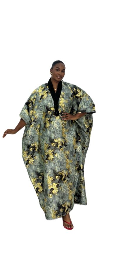 Biwakani gold\black long damask with aso oke neck bubu dress