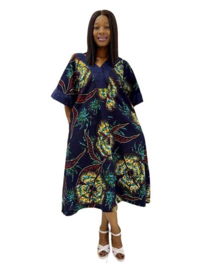 Vibrant navy blue & teal luxe print midi-length ankara dress with elegant aso oke detail
