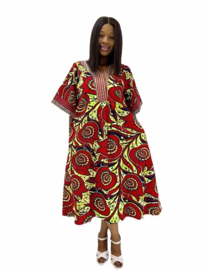 Vibrant green & orange luxe print midi-length ankara dress with elegant aso oke detail