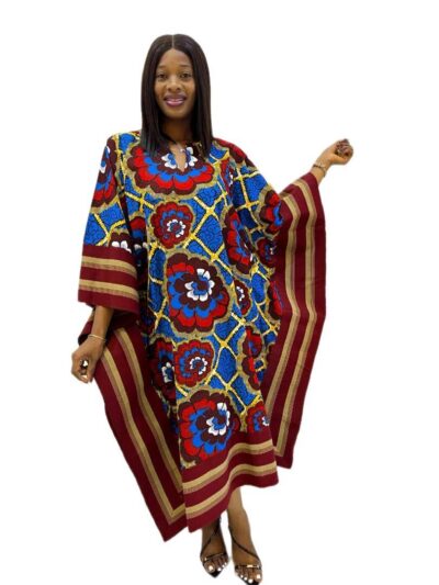 Royal blue and red ankara midi dress with vibrant aso oke detail