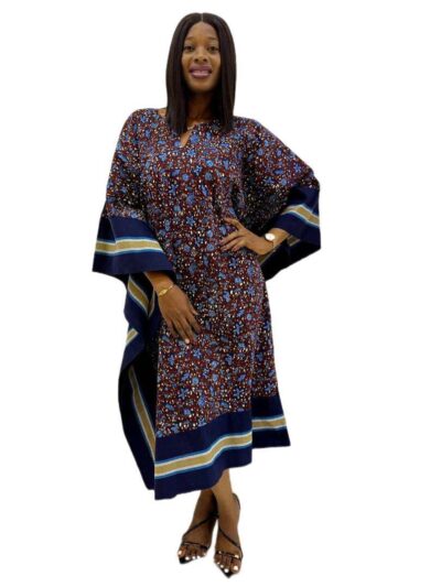 Sky blue and brown ankara midi dress with vibrant aso oke detail