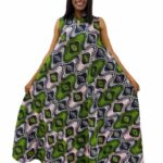 Green and pink colour Ankara print sleeveless collar A-line maxi dress