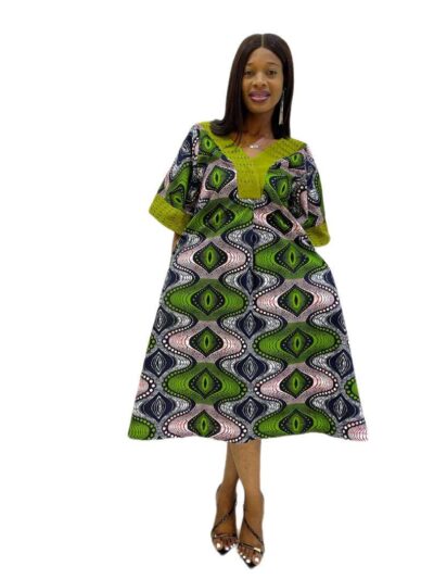 Vibrant multicolour luxe print midi-length ankara dress with elegant aso oke detail