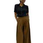 Wide leg elegant brown trouser with luxe sculpted pleat detail