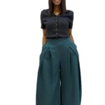 Wide leg emerald green trouser with luxe sculpted pleat detail