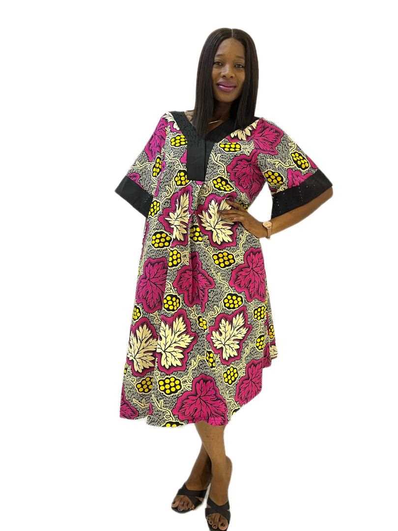 Black pink yellow ankara print A-line dress with onjawu aso oke details - Image 2