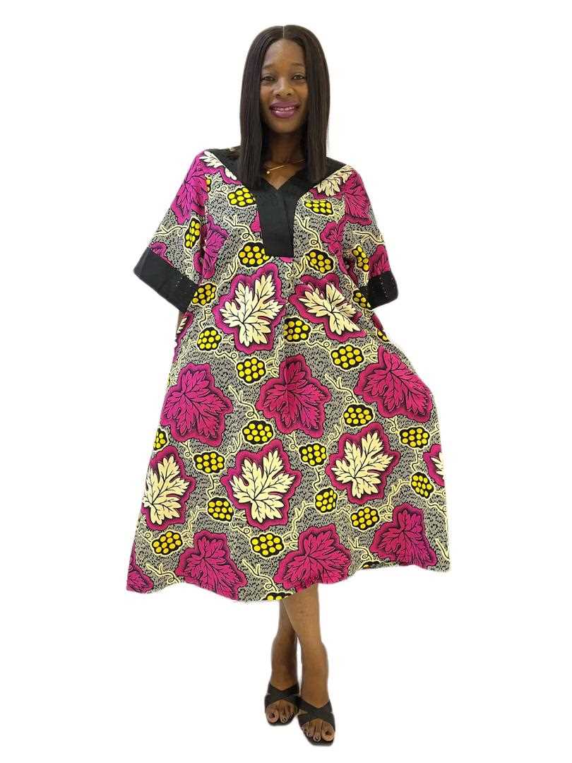 Black pink yellow ankara print A-line dress with onjawu aso oke details