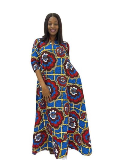 Royal blue and red ankara print A-line maxi collar dress