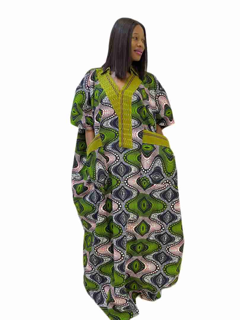 Green and pink ankara print caftan with pocket and onjawu aso oke mix - Image 2