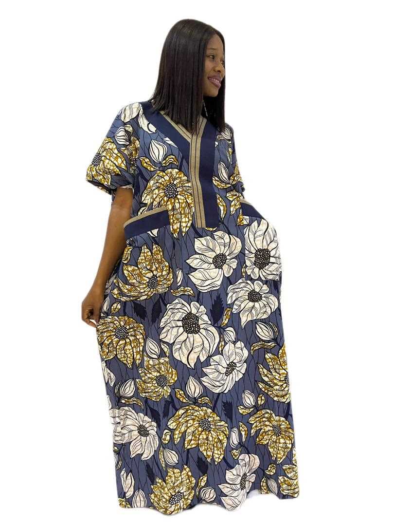 Grey black and beige ankara print caftan with pocket and aso oke mix - Image 2