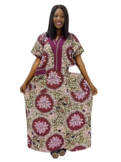 Pink brown and gold ankara print caftan with pocket and aso oke mix