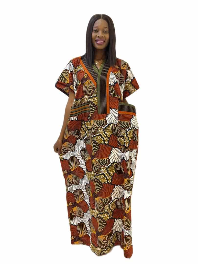 Burnt orange gold and white ankara print caftan with pocket and aso oke mix - Image 2