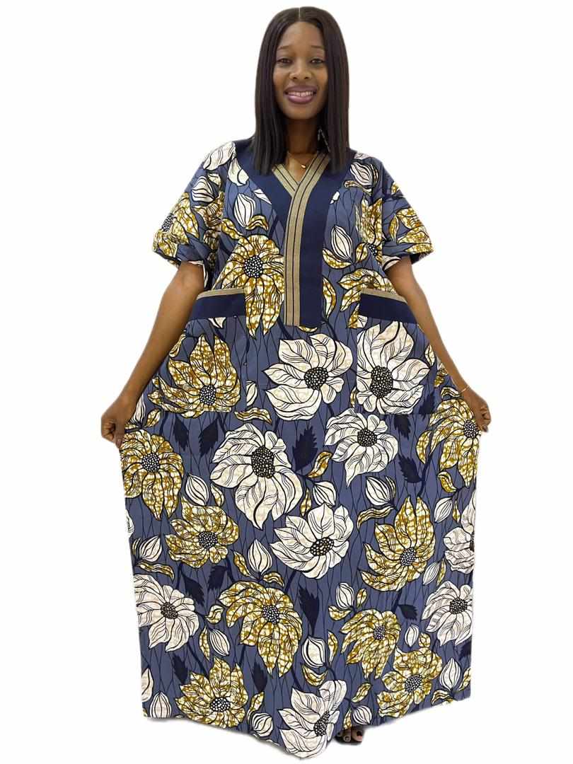Grey black and beige ankara print caftan with pocket and aso oke mix