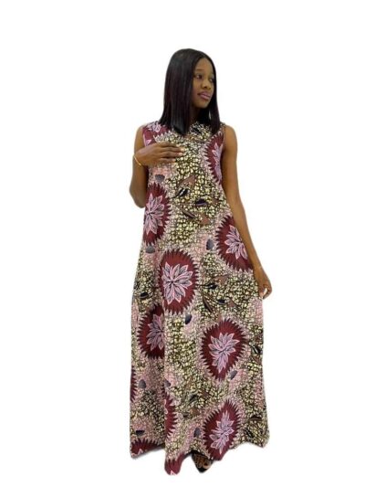 Pink brown gold Ankara print sleeveless dress with big collar