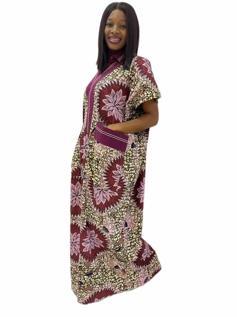 Pink brown and gold ankara print caftan with pocket and aso oke mix - Image 2