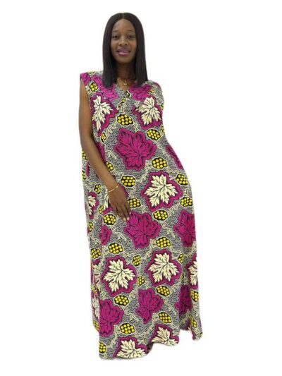 Black pink and yellow Ankara print sleeveless dress with big collar