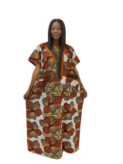 Burnt orange gold and white ankara print caftan with pocket and aso oke mix