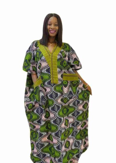 Green and pink ankara print caftan with pocket and onjawu aso oke mix