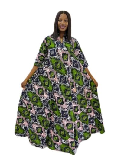 Green and pink ankara print A-line maxi collar dress