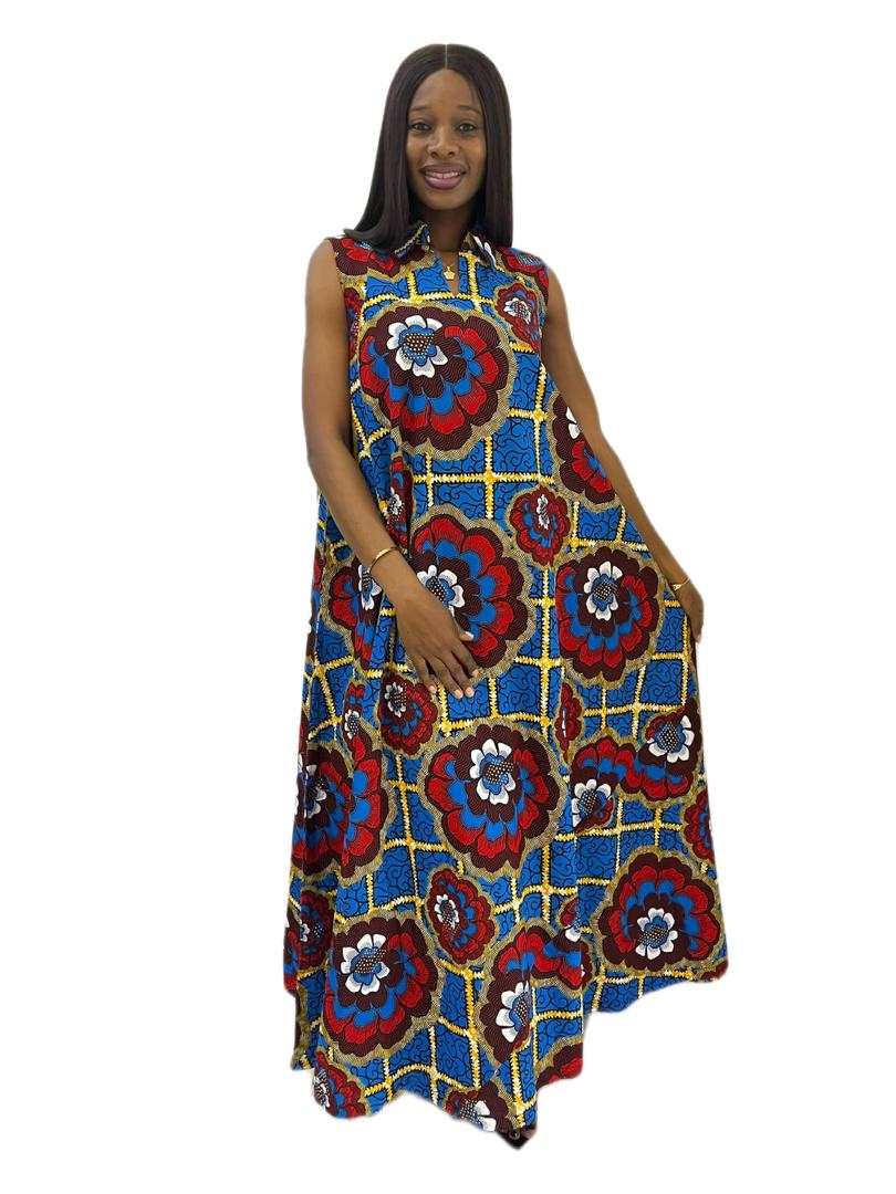Royal blue and red Ankara print sleeveless collar A-line maxi dress - Image 2