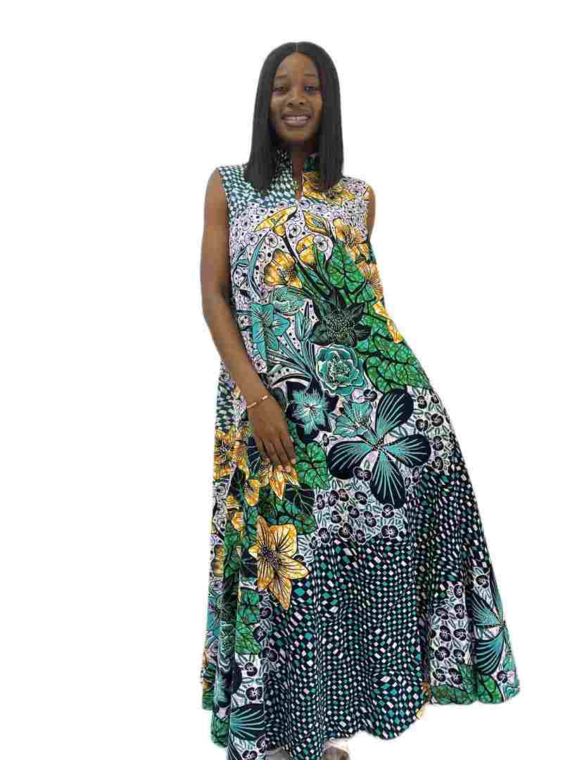 Lilac yellow and green Ankara print sleeveless collar A-line maxi dress - Image 2