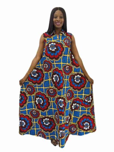 Royal blue and red Ankara print sleeveless collar A-line maxi dress