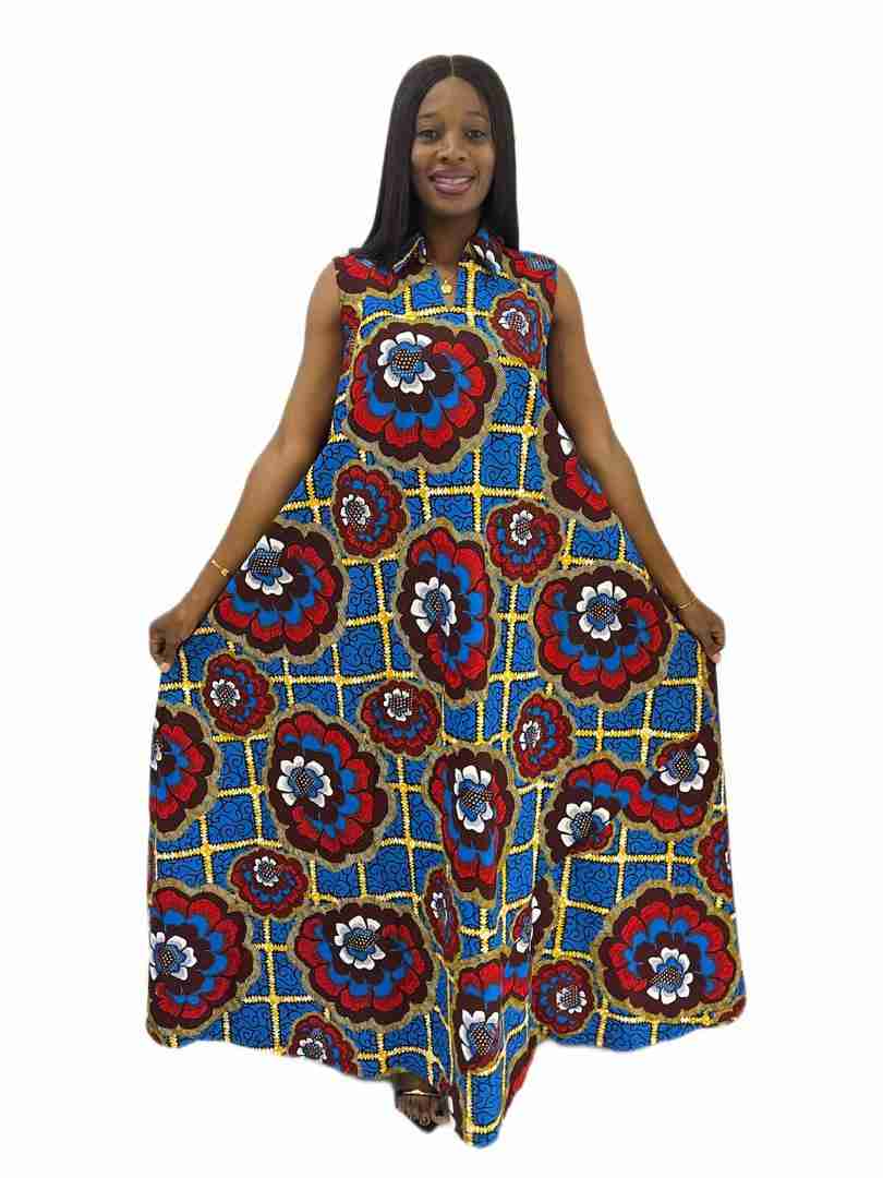 Royal blue and red Ankara print sleeveless collar A-line maxi dress