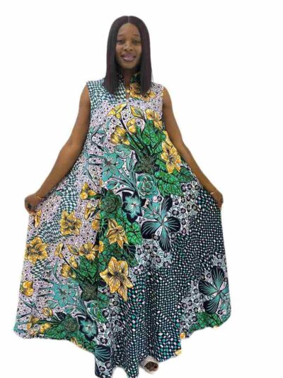 Lilac yellow and green Ankara print sleeveless collar A-line maxi dress