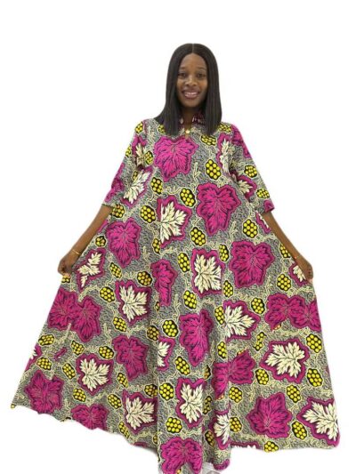 Black pink and yellow ankara print A-line maxi collar dress