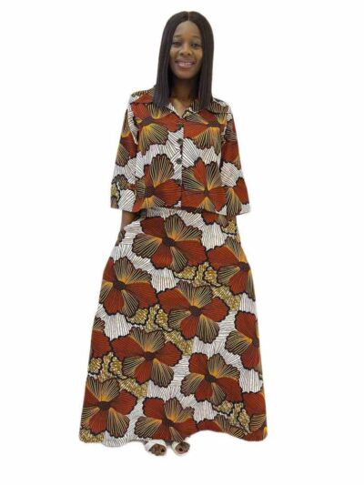 Burnt orange gold and white ankara print 2-piece long skirt and crop top with botton