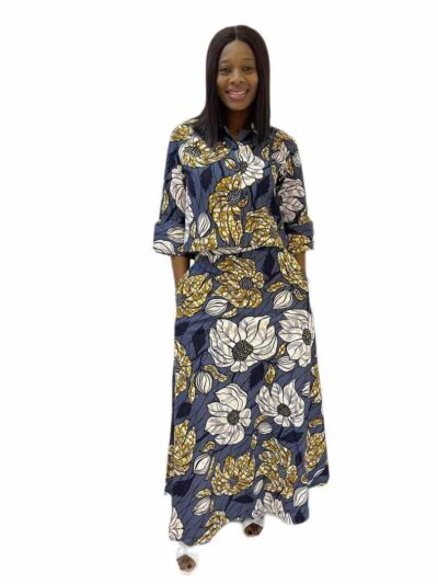 Grey black and beige ankara print 2-piece long skirt and crop top with botton