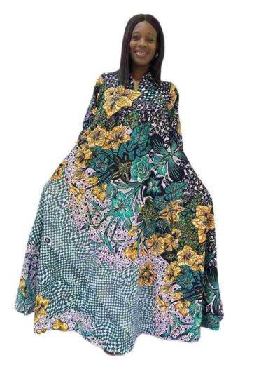 Lilac green and yellow ankara print A-line maxi collar dress