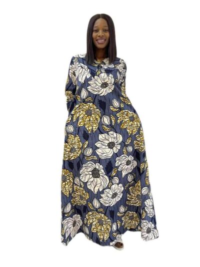 Grey black and beige ankara print maxi dress with big collar