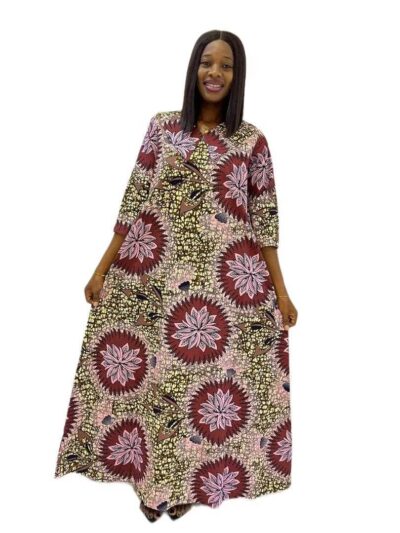 Pink brown and gold ankara print maxi dress with big collar