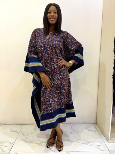Sky blue and brown ankara midi dress with vibrant aso oke detail