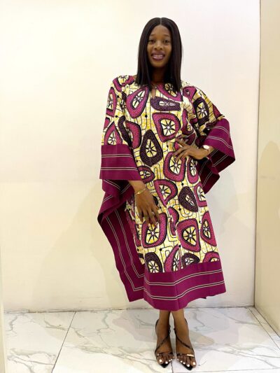 Multicolour bold pattern ankara midi dress with vibrant aso oke detail