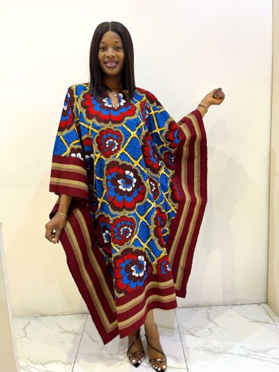 Royal blue and red ankara midi dress with vibrant aso oke detail